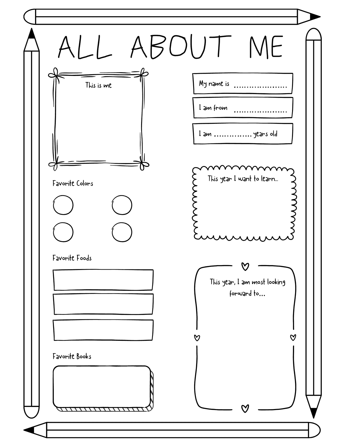 school-themed all about me worksheet with pencil border, favorite colors, favorite foods, favorite books, and yearly goals