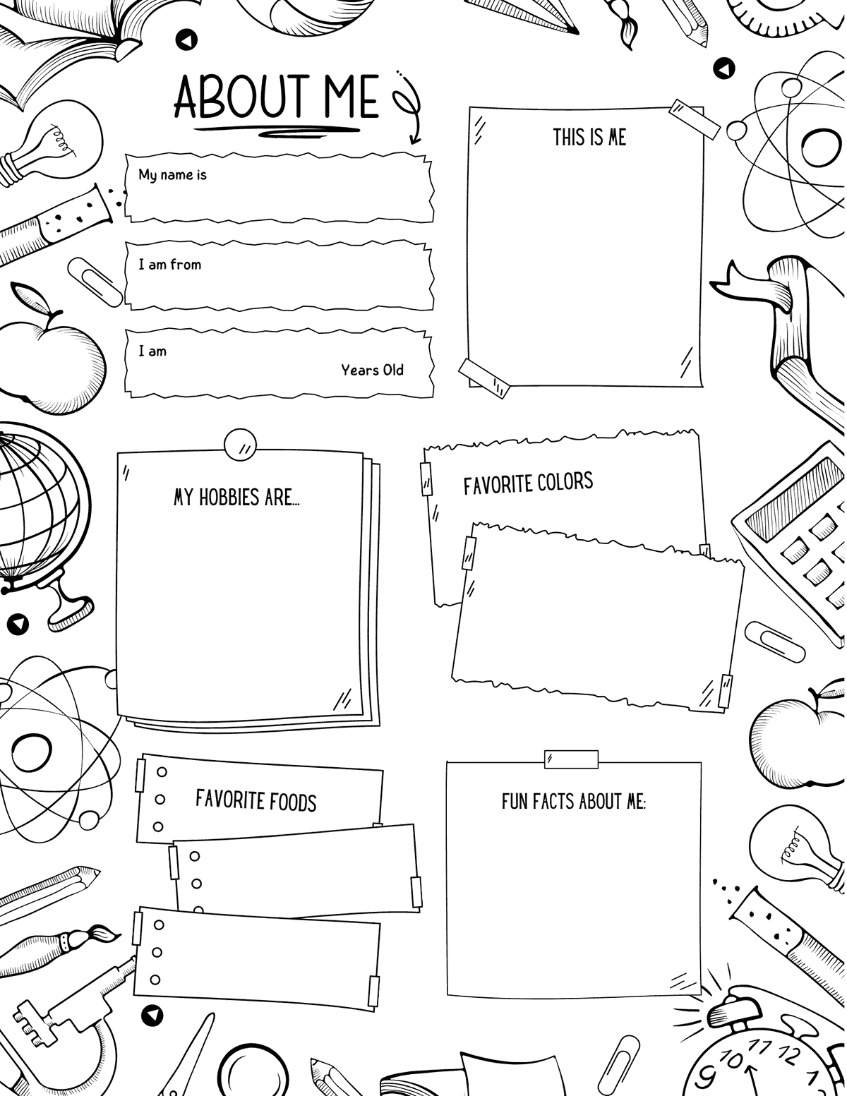 detailed all about me worksheet with classroom doodles, hobbies, favorite colors, favorite foods, and fun facts prompts