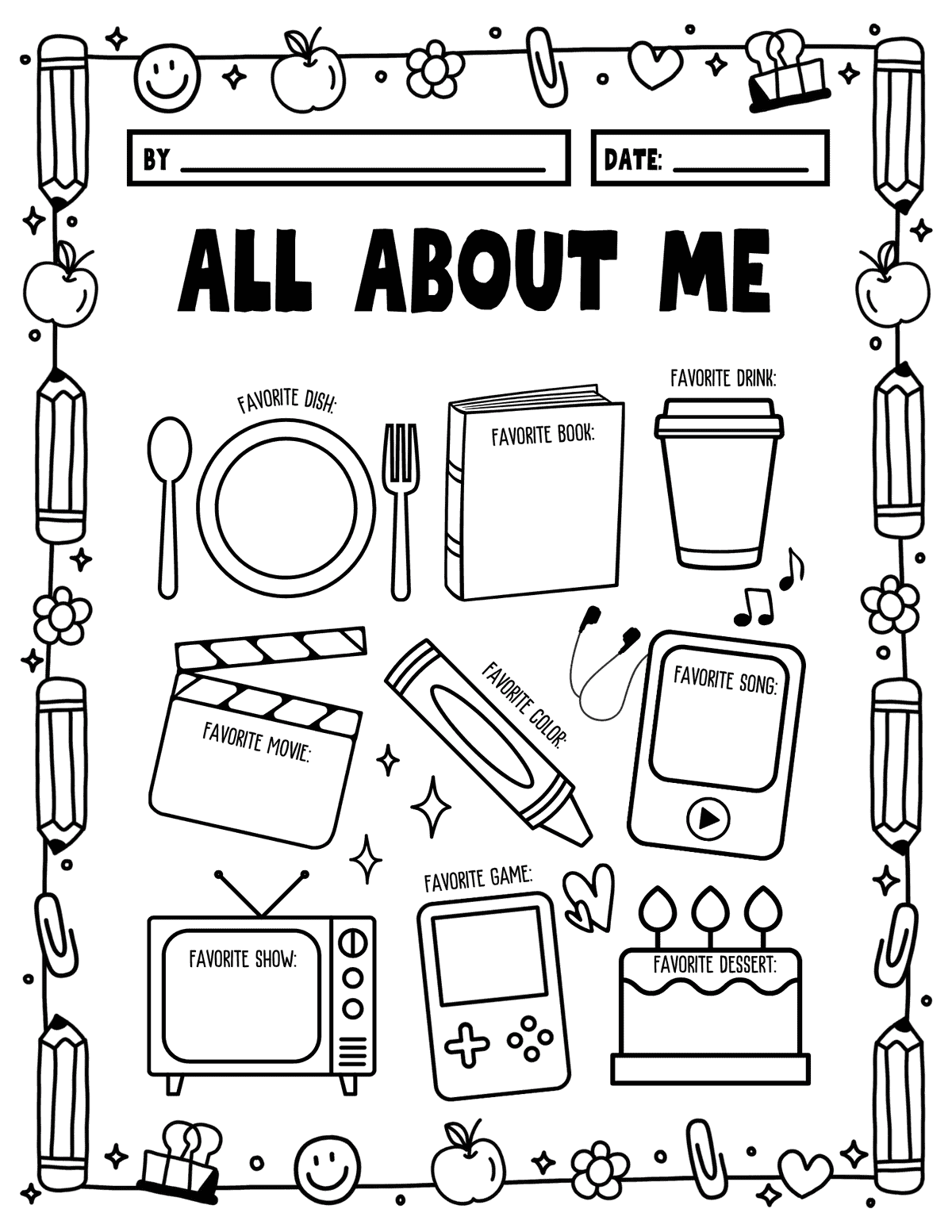favorite dish, book, drink, movie, color, song, show, game, and dessert prompts