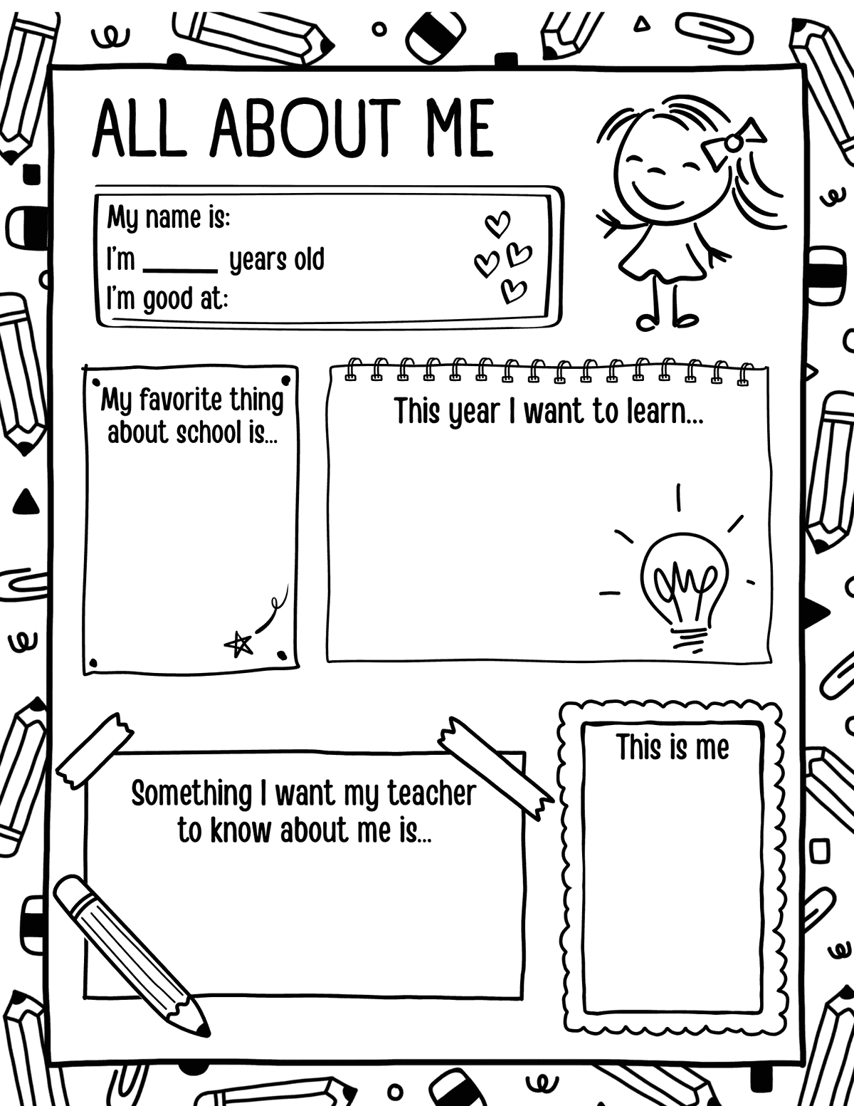 back to school worksheet with favorite thing about school, teacher prompt, learning goal, and self portrait box