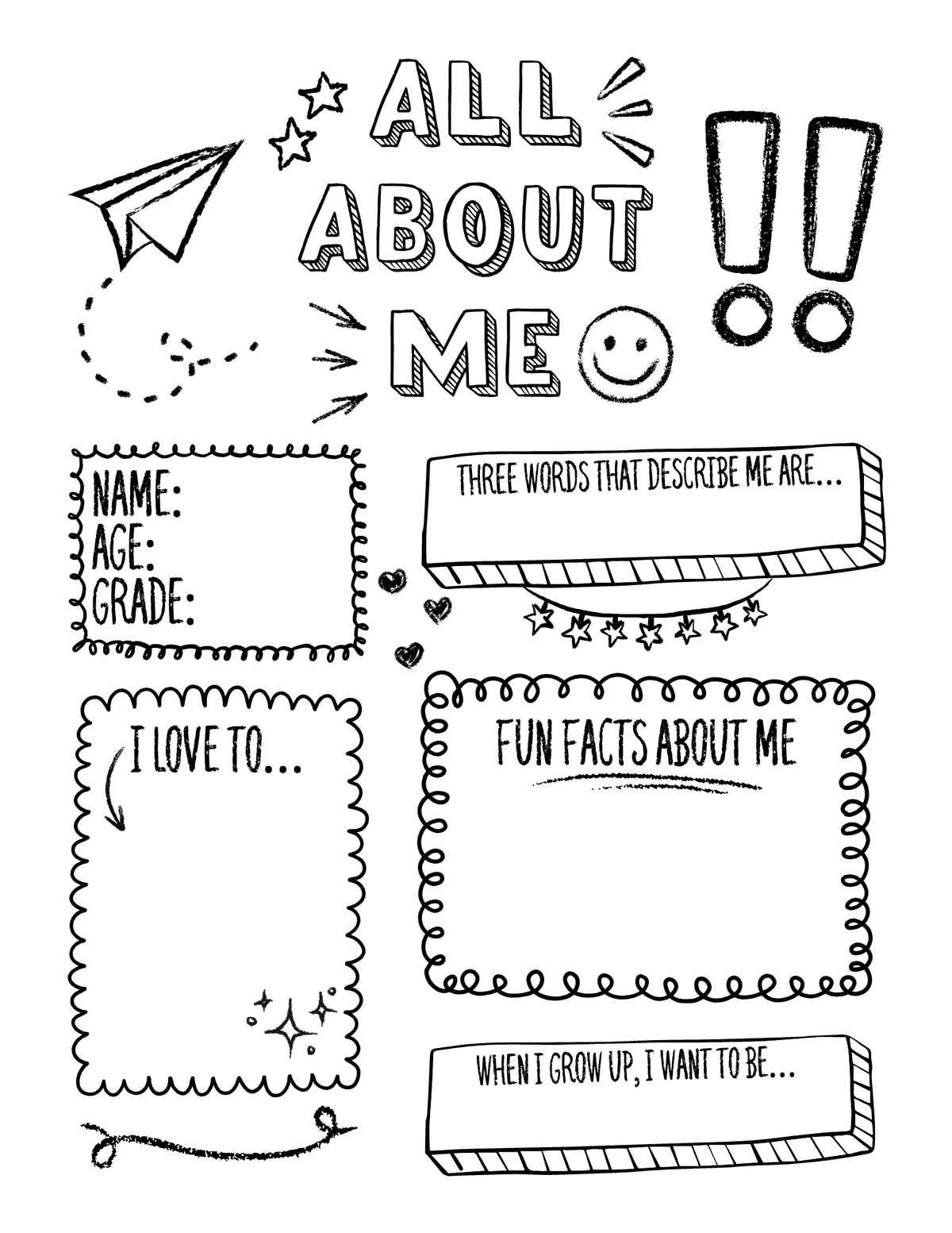 doodle all about me worksheet with name, age, grade, describing words, fun facts, and future career prompt