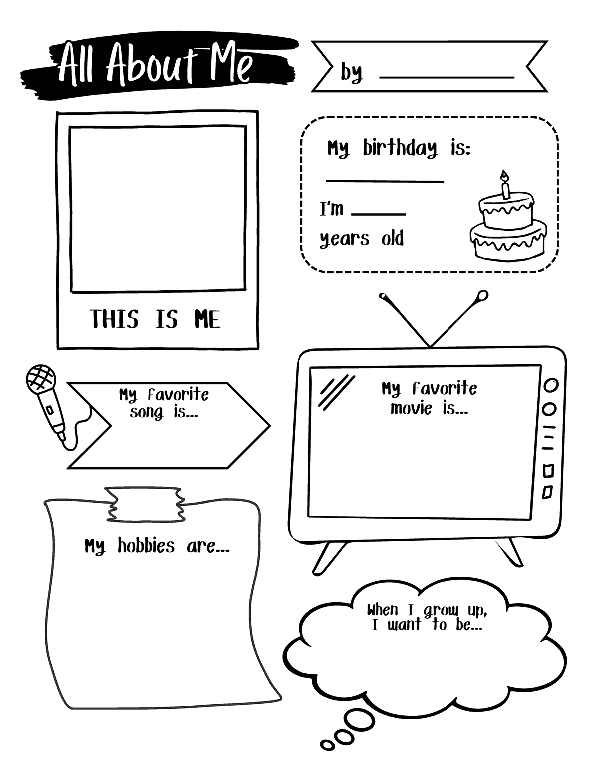 all about me worksheet with birthday, age, favorite song, favorite movie, hobbies, and future career prompt