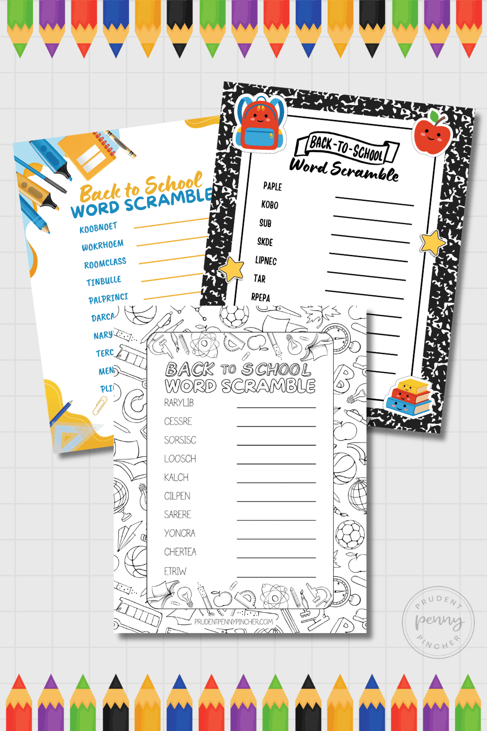 worksheets with colorful pencil borders and school-themed designs