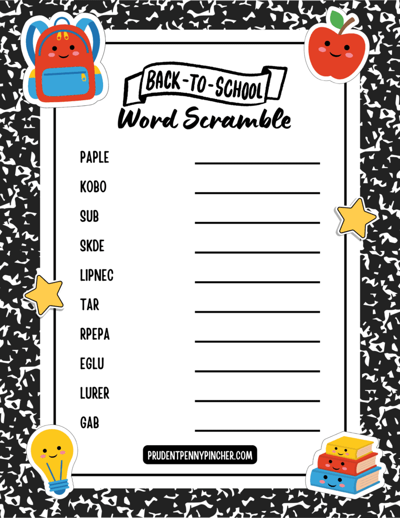 free printable easy back to school word scramble with a composition book style design