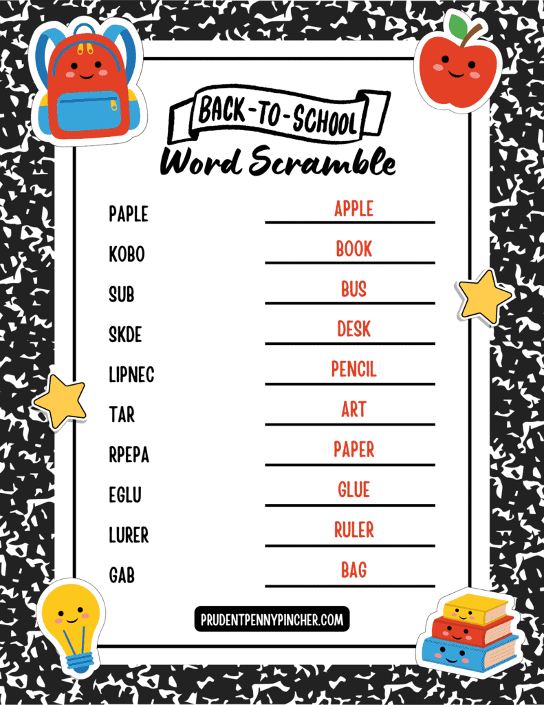 answer key with school words like apple, book, bus, pencil, paper, glue, ruler, and bag