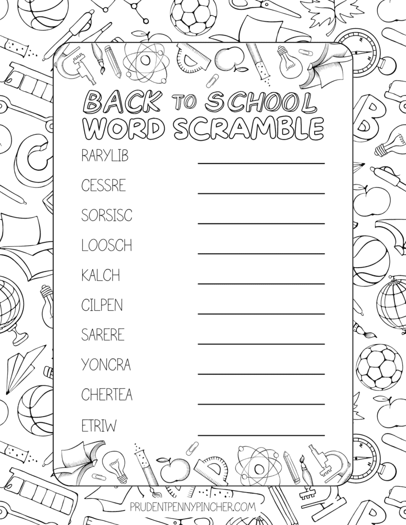 black and white back to school word scramble worksheet