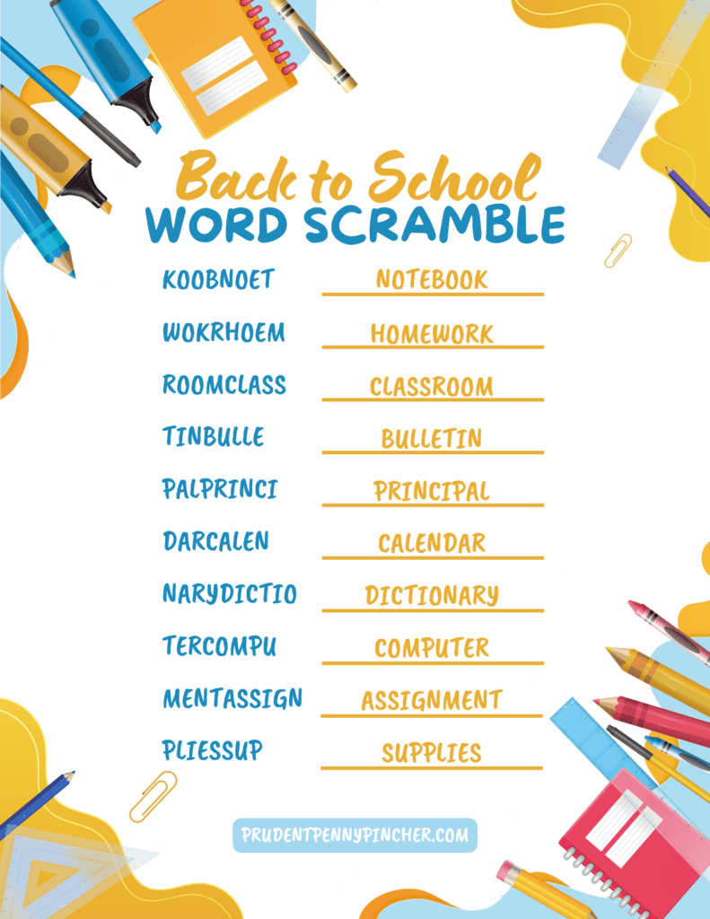 answer key with answers like notebook, homework, classroom, dictionary, assignment, and supplies