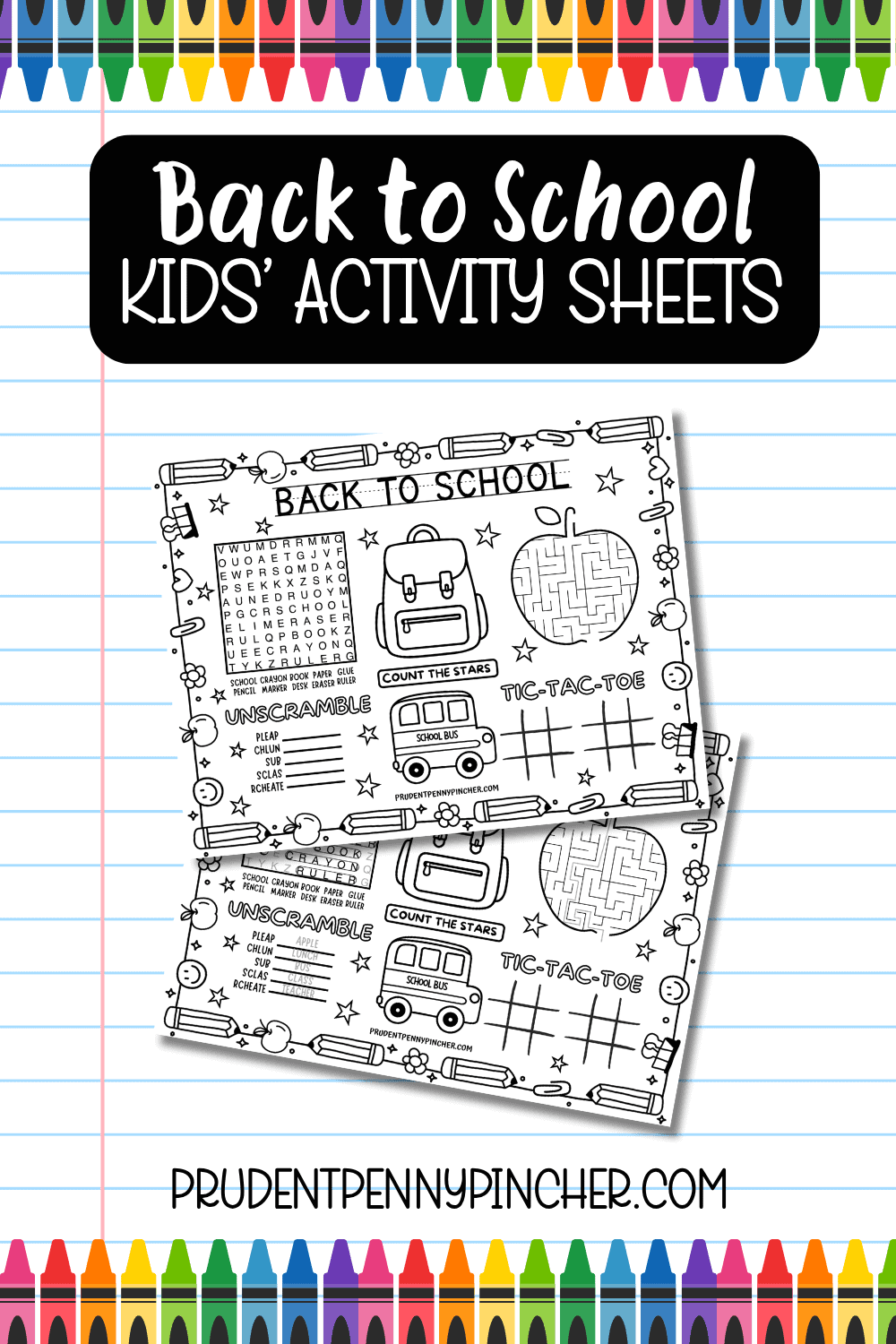 back to school activity sheets for kids with school-themed puzzles on lined paper background with crayons
