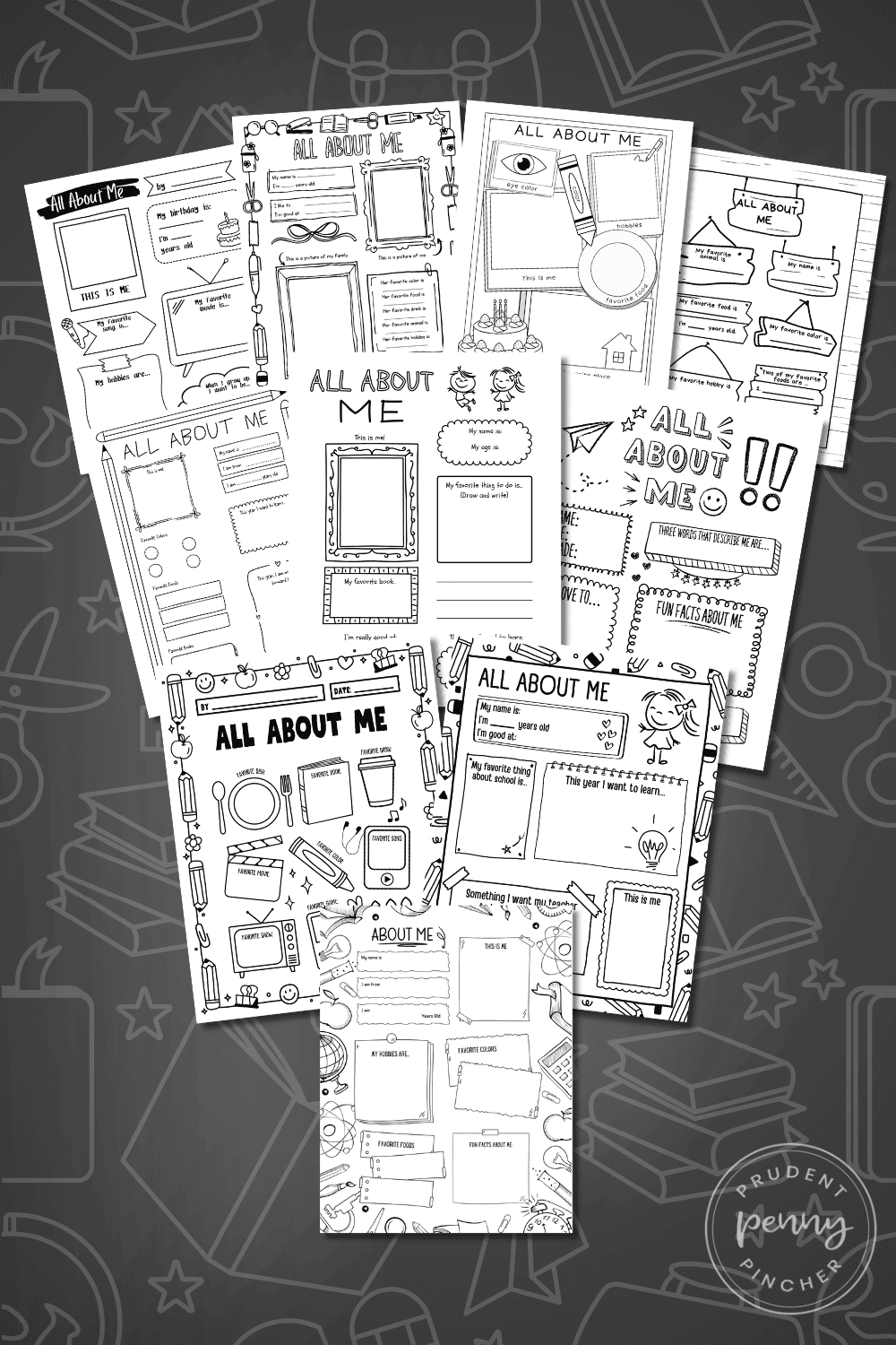 free All About Me worksheet printables for back to school on a chalkboard background with school doodles