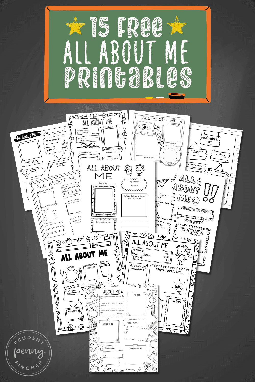 free all about me worksheets for back to school on a chalkboard background.