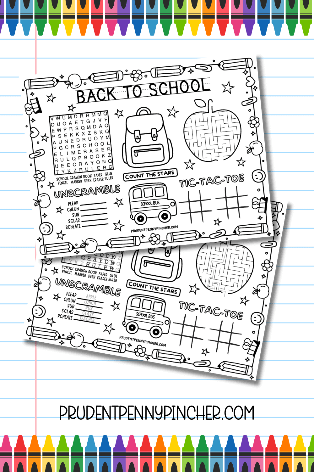 activity page featuring a word search, word scramble, apple maze, tic-tac-toe, counting activity, backpack, and school bus