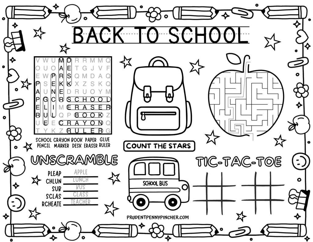answer key with completed word search, word scramble answers, and apple maze solution for kids