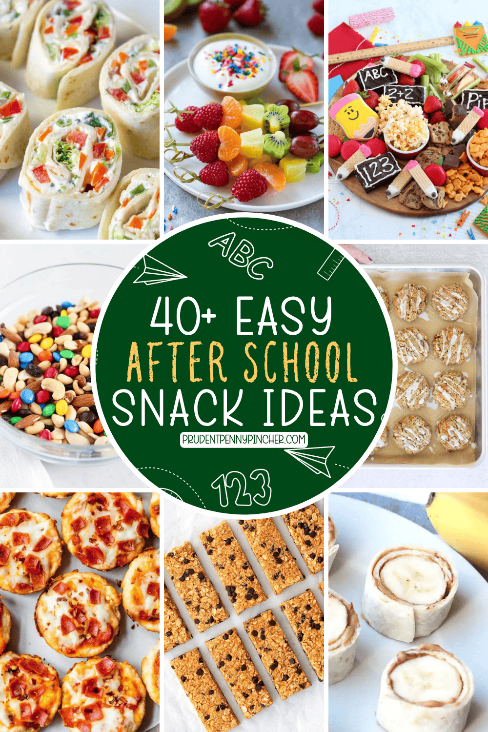 a collage of easy after school snack ideas for kids, including veggie pinwheels, fruit kabobs, snack board, trail mix, energy bites, pizza bites, granola bars, and banana sushi.
