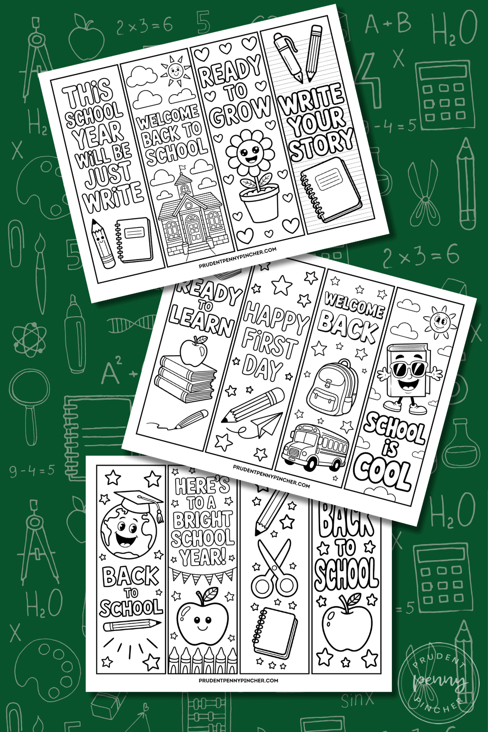 bookmarks to color with school-themed designs on a green chalkboard background