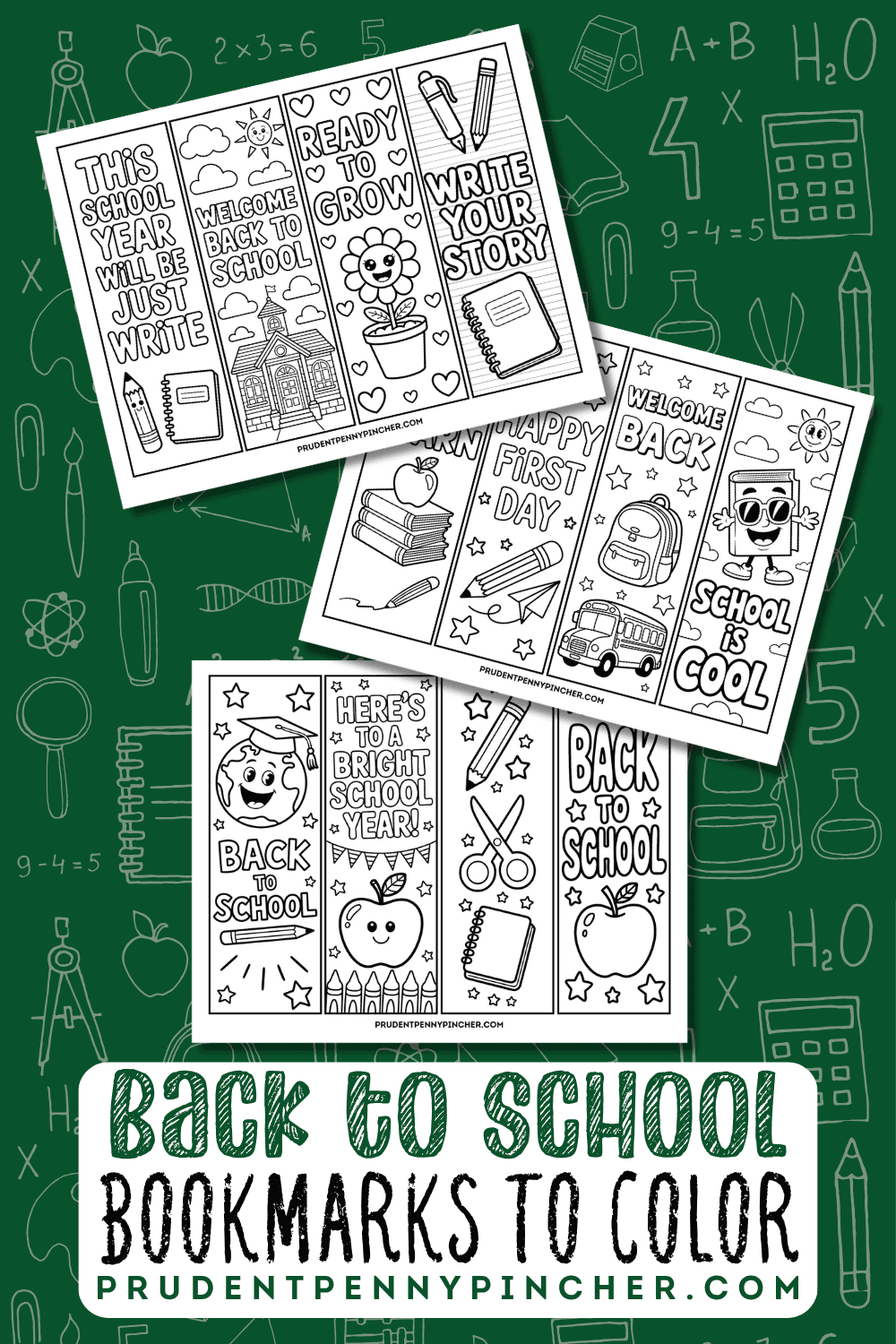 free printable back to school bookmarks to color with school-themed designs on a green chalkboard background