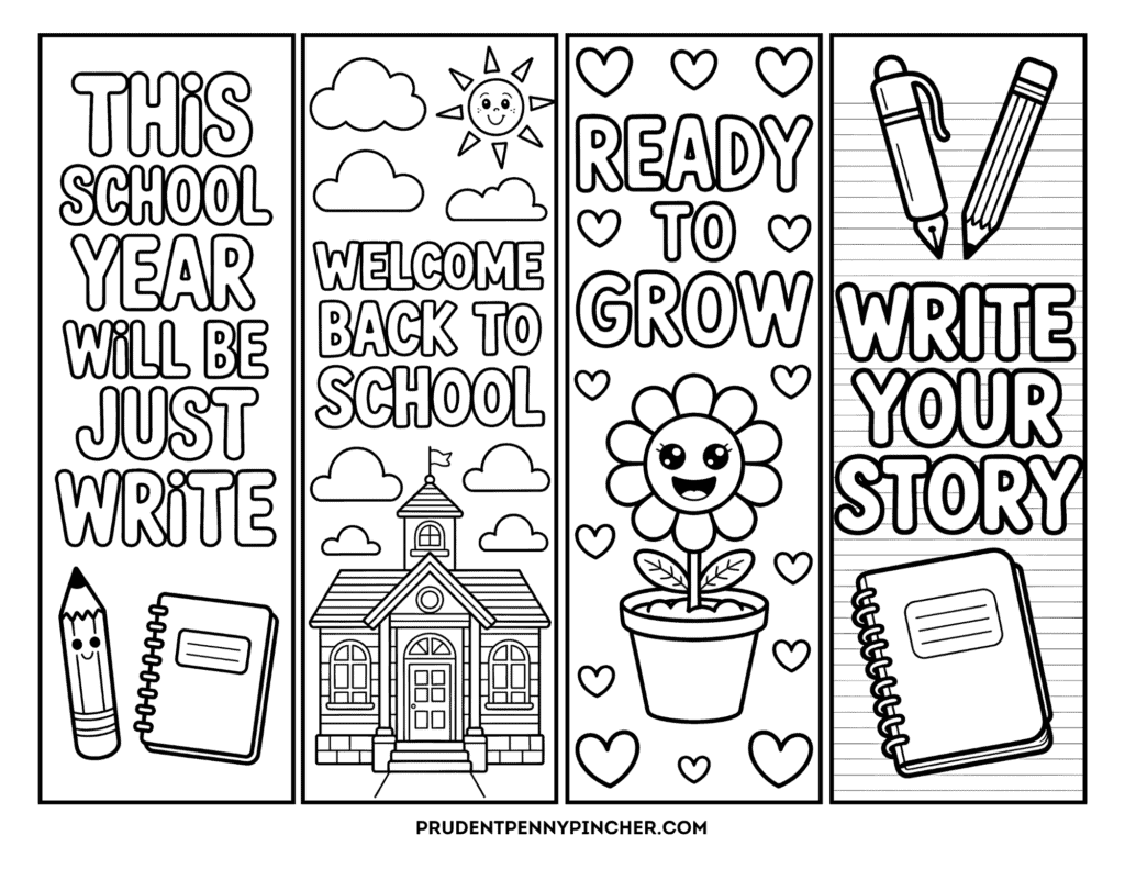 bookmarks featuring a pencil, notebook, schoolhouse, flower, and writing-themed designs for kids