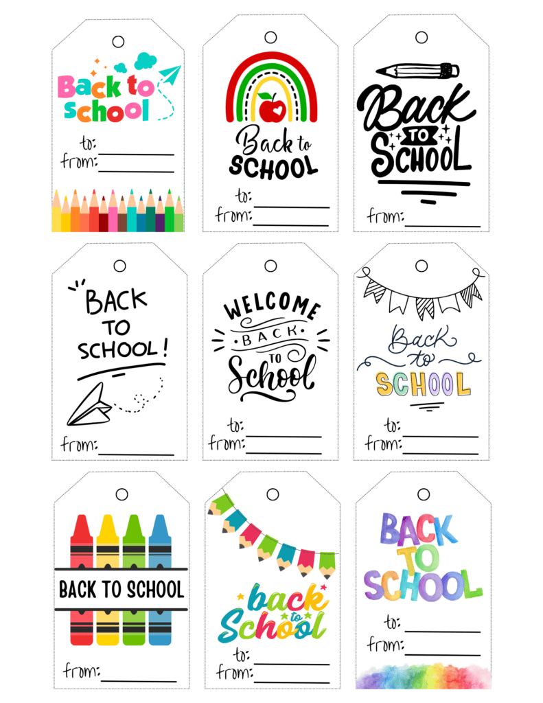 tags with colorful crayons, rainbow, paper airplane, pencils, banners, and school lettering