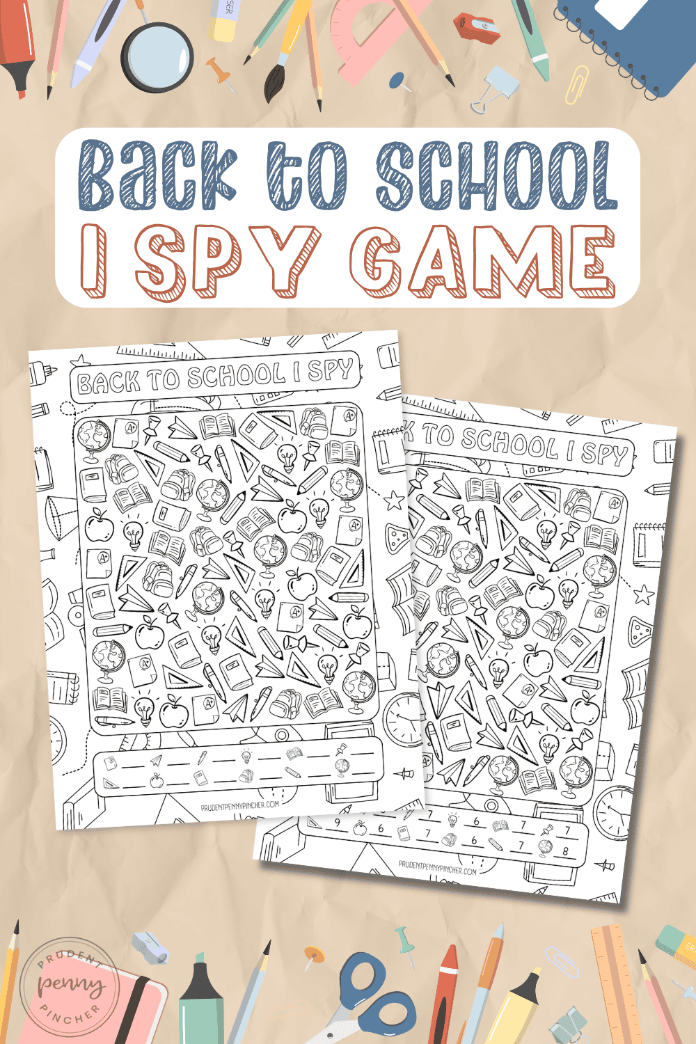 free printable back to school I Spy game worksheets with school supplies and colorful classroom items on a paper background.