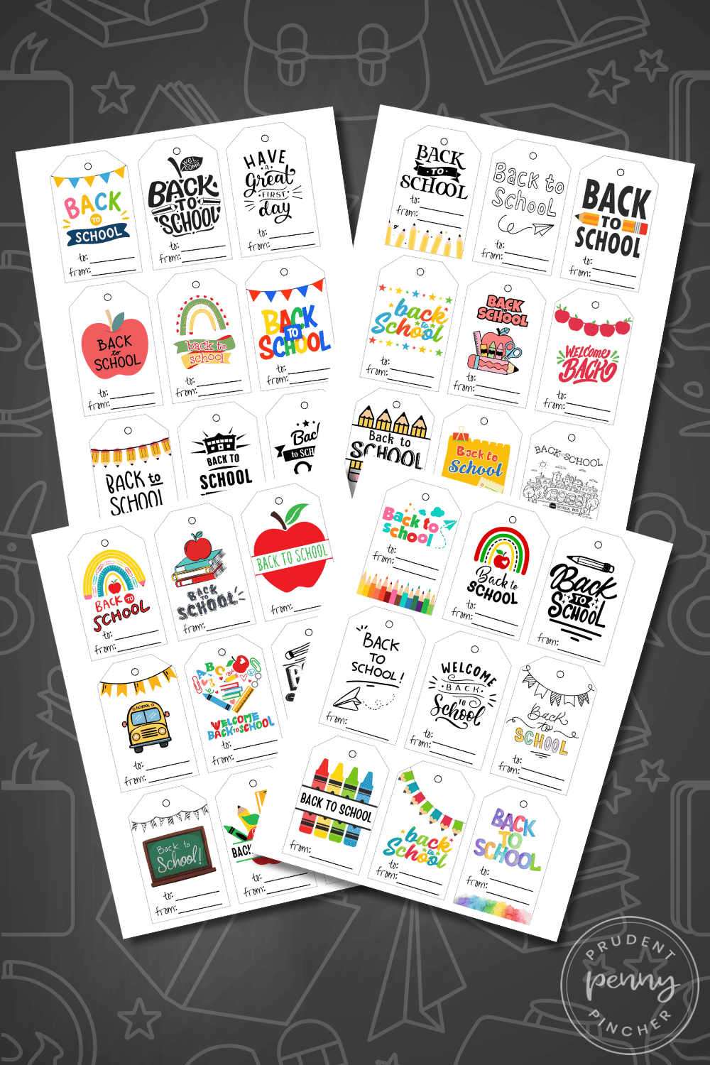 printable back to school gift tags with chalkboard background and school-themed designs