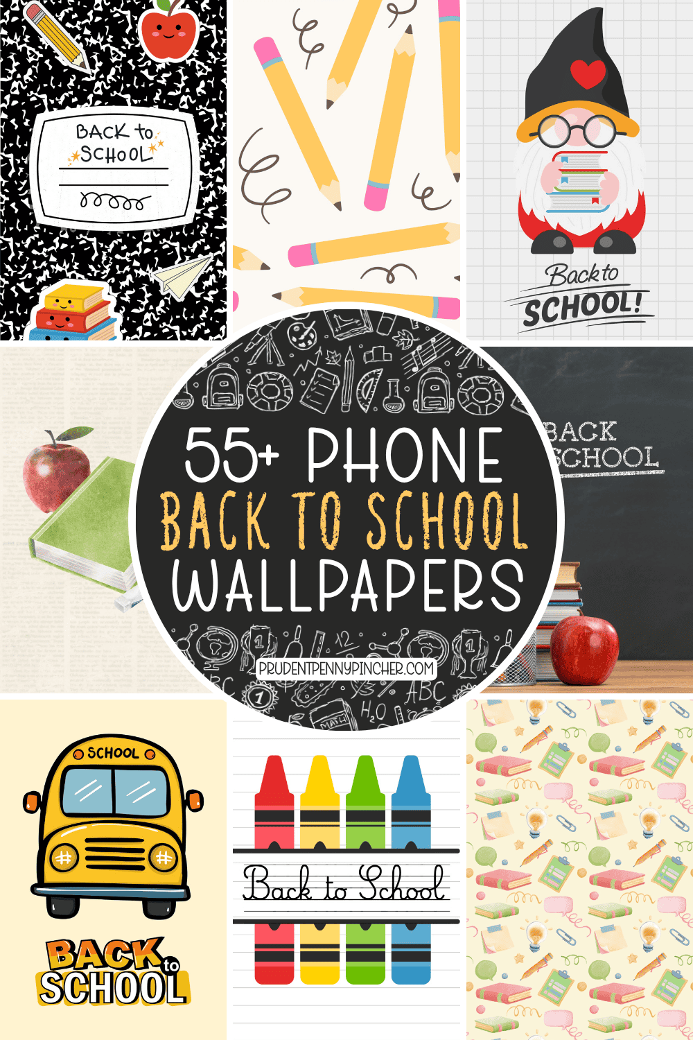 a collage of back to school phone wallpapers featuring school supplies, apples, pencils, crayons, books, a school bus, chalkboard designs, and classroom-themed backgrounds.