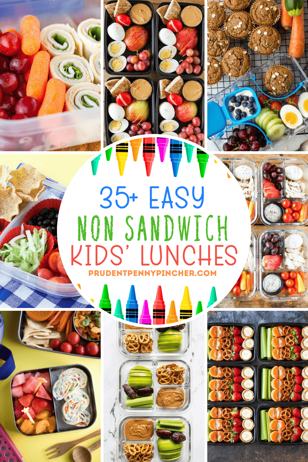 a collage of no sandwich school lunch ideas for kids with pinwheels, bento boxes, fruit, veggies, eggs, pretzels, and snack box lunches.