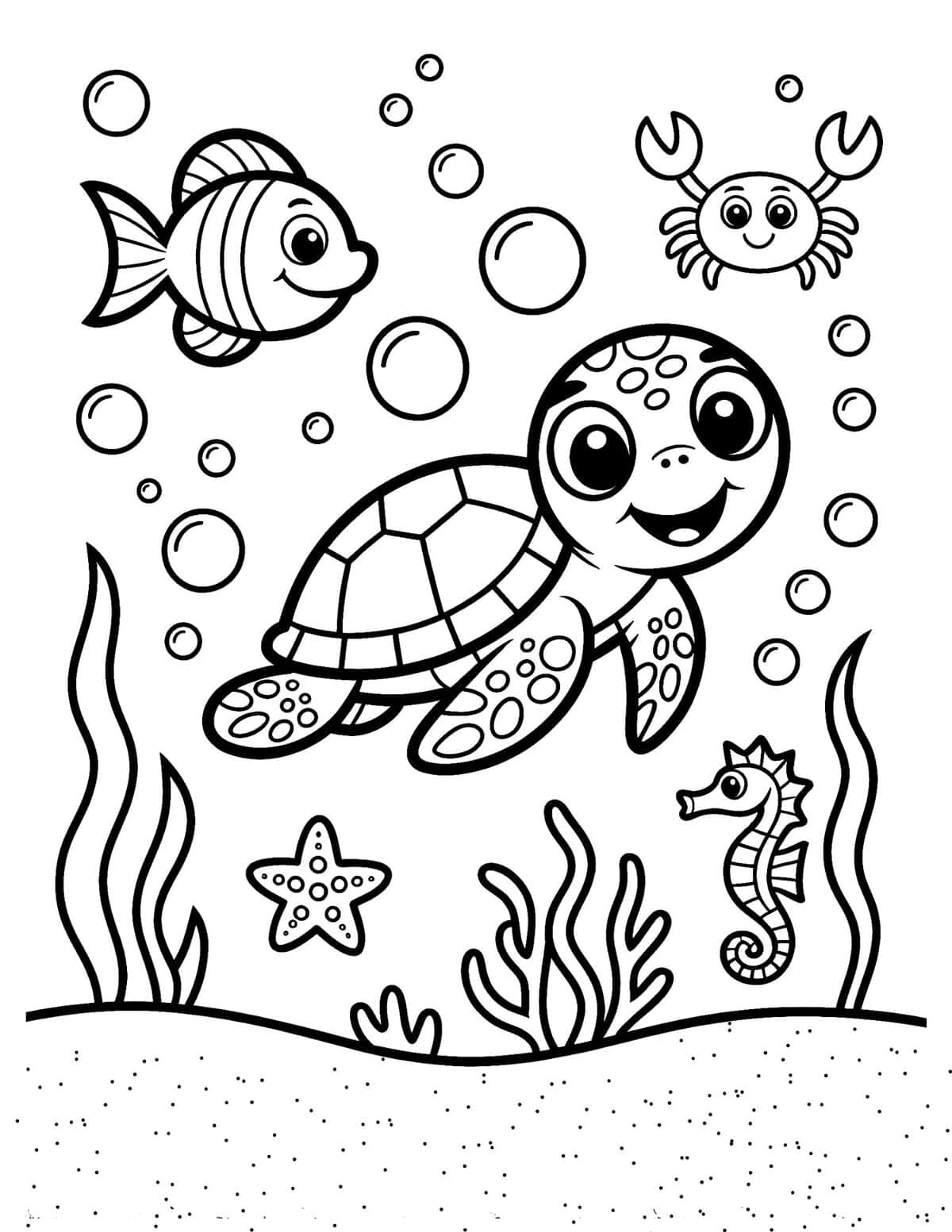 cute sea turtle coloring page with fish, crab, seahorse, starfish,