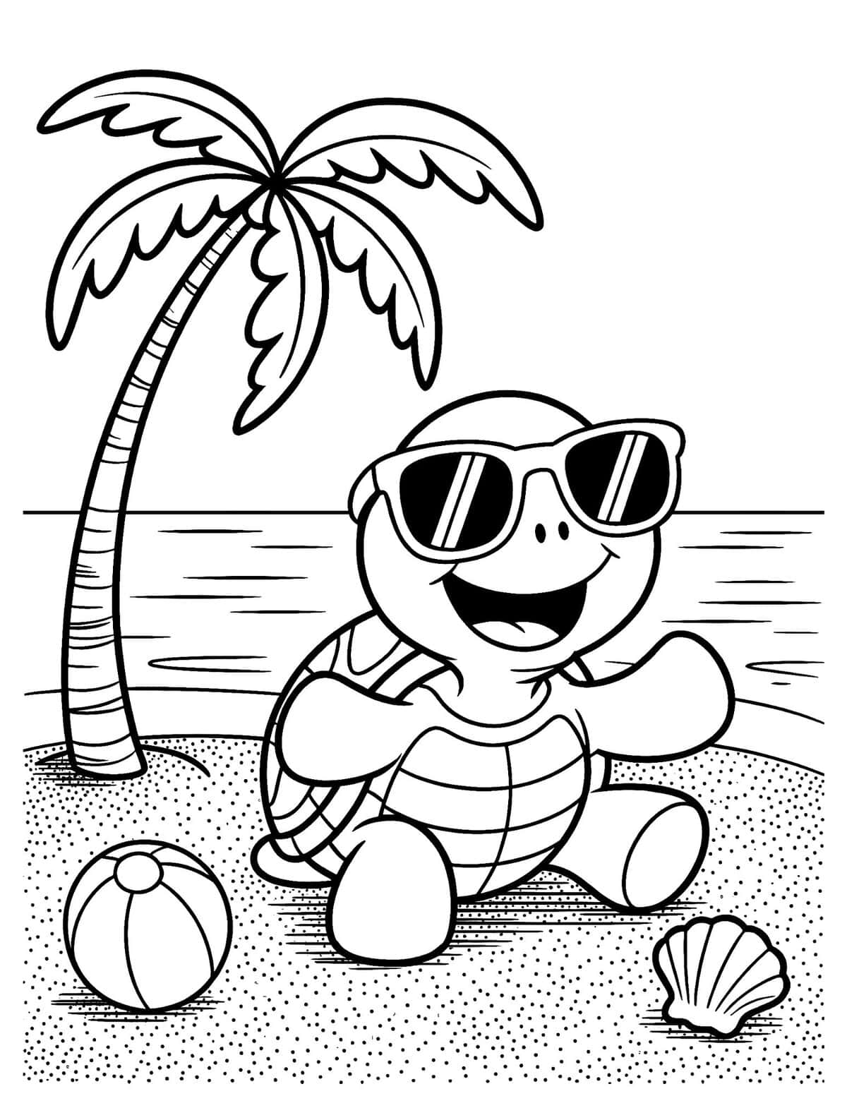 sea turtle coloring page with sunglasses on the beach beside a palm tree, beach ball, and seashell