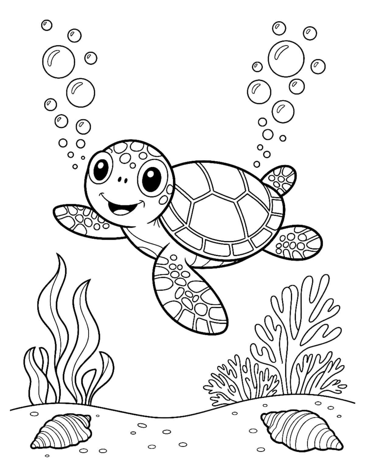 cute sea turtle swimming underwater with bubbles, coral, seaweed, and seashells