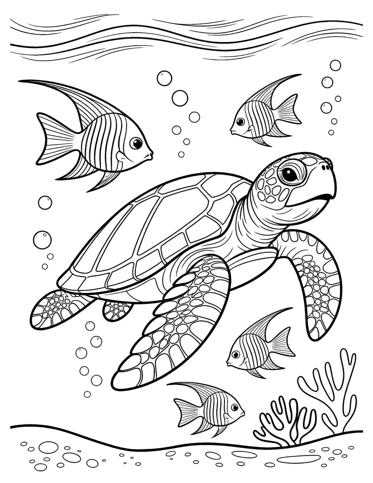 tropical fish, bubbles, waves, and coral reef