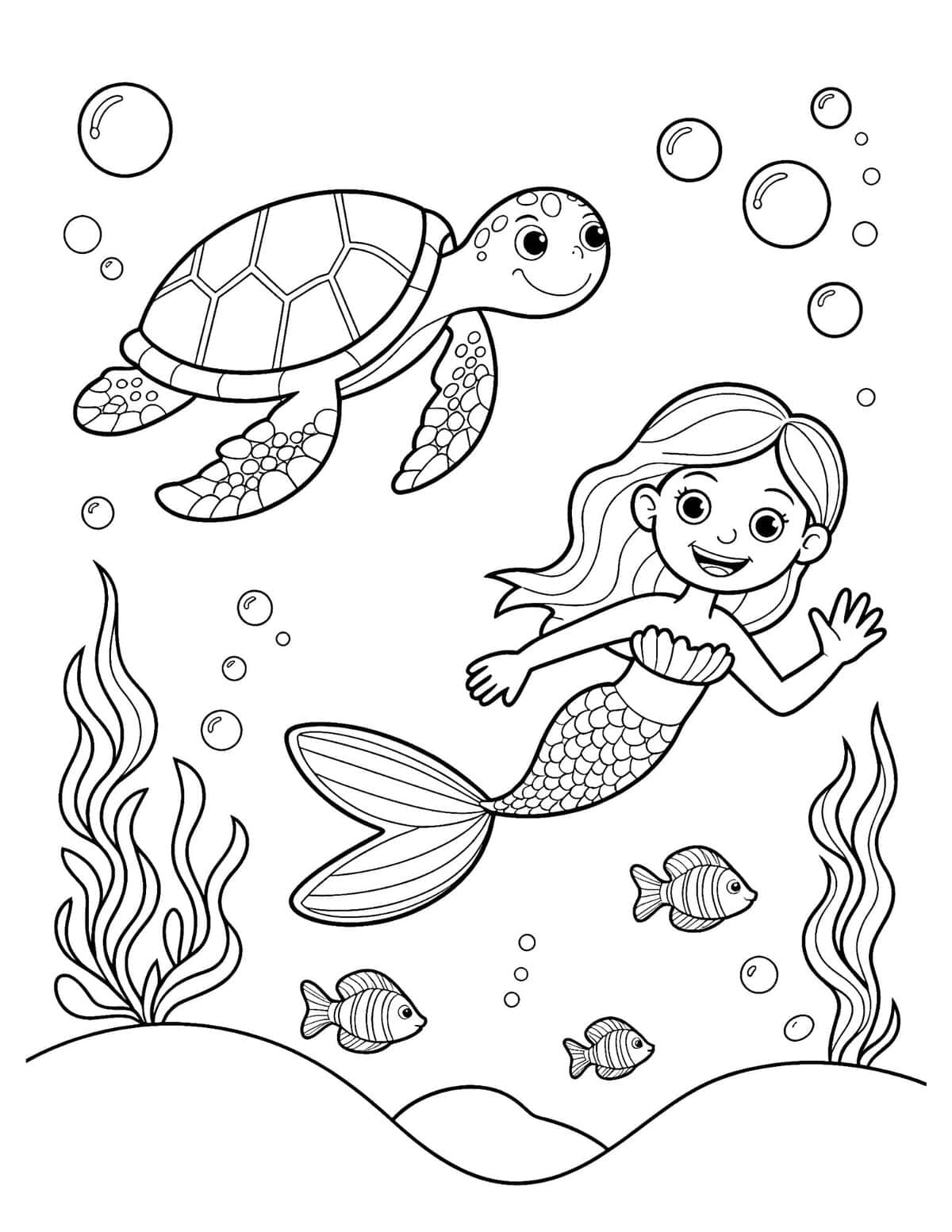 mermaid and sea turtle coloring page