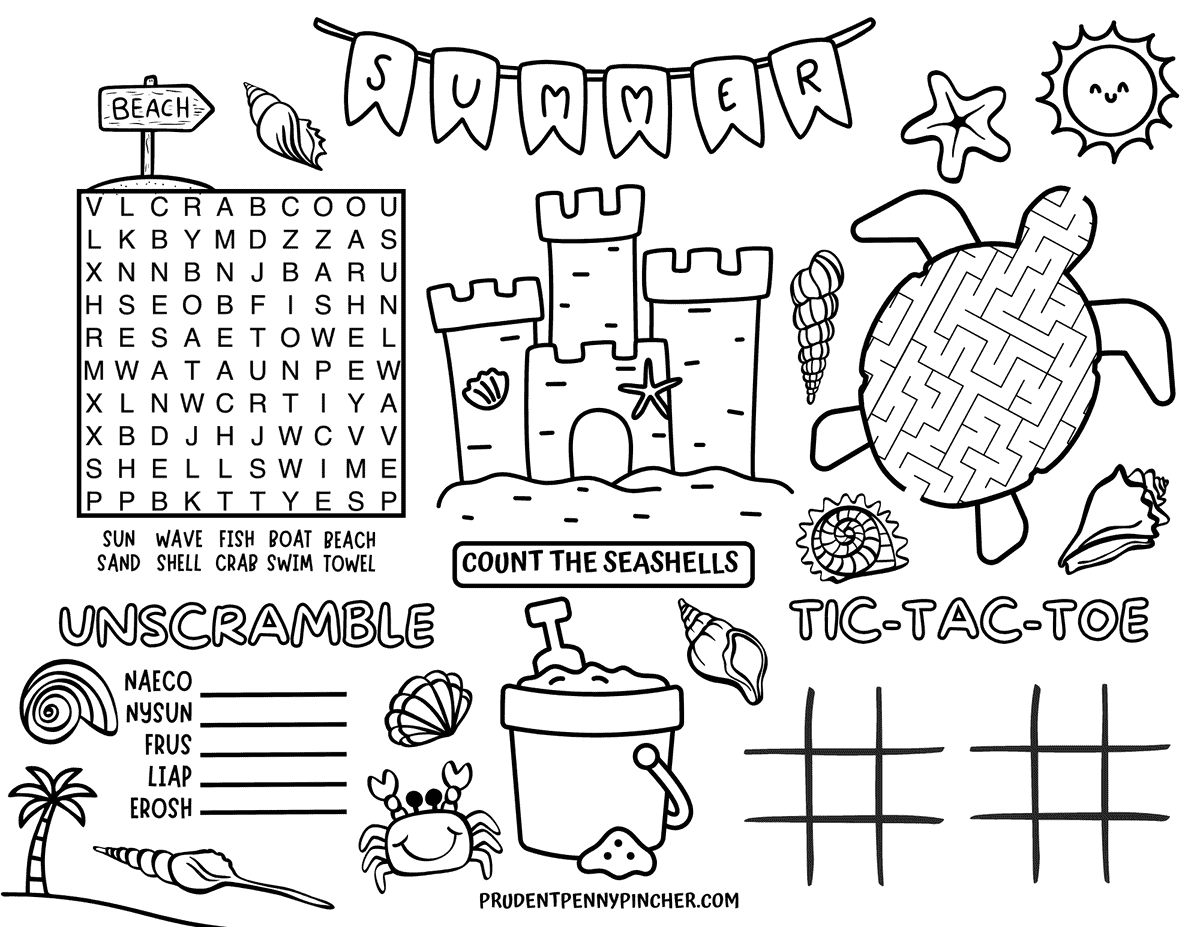 Free printable summer activity placemat for kids with a beach word search, word scramble, tic-tac-toe, seashell counting activity, turtle maze, and coloring designs.