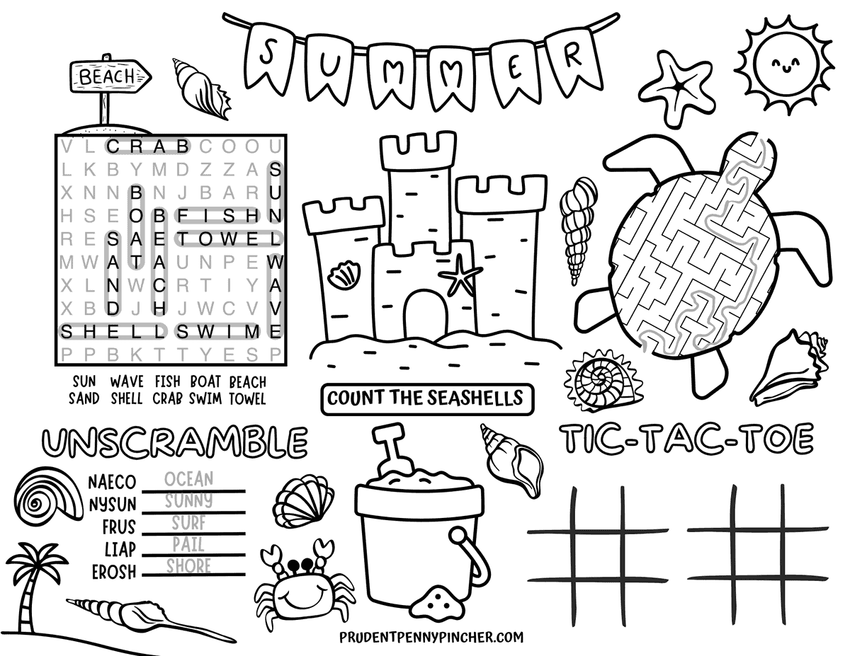answer key with completed beach word search, word scramble answers, seashell counting activity, and turtle maze.