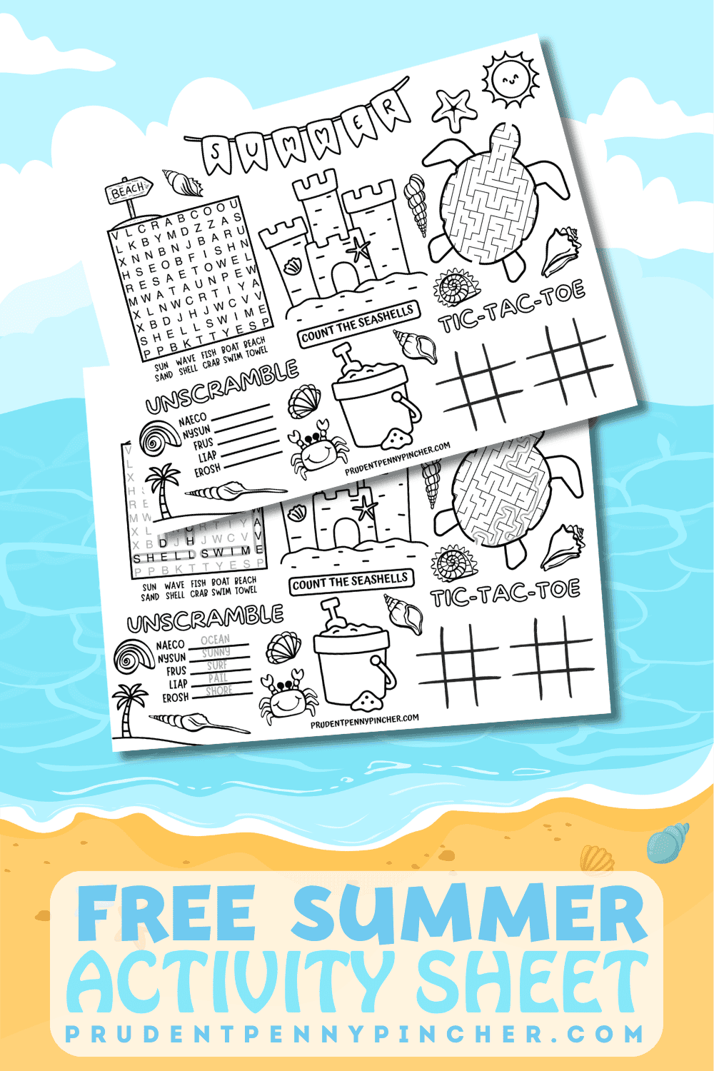 free printable summer activity sheet and answer key on a beach-themed background.