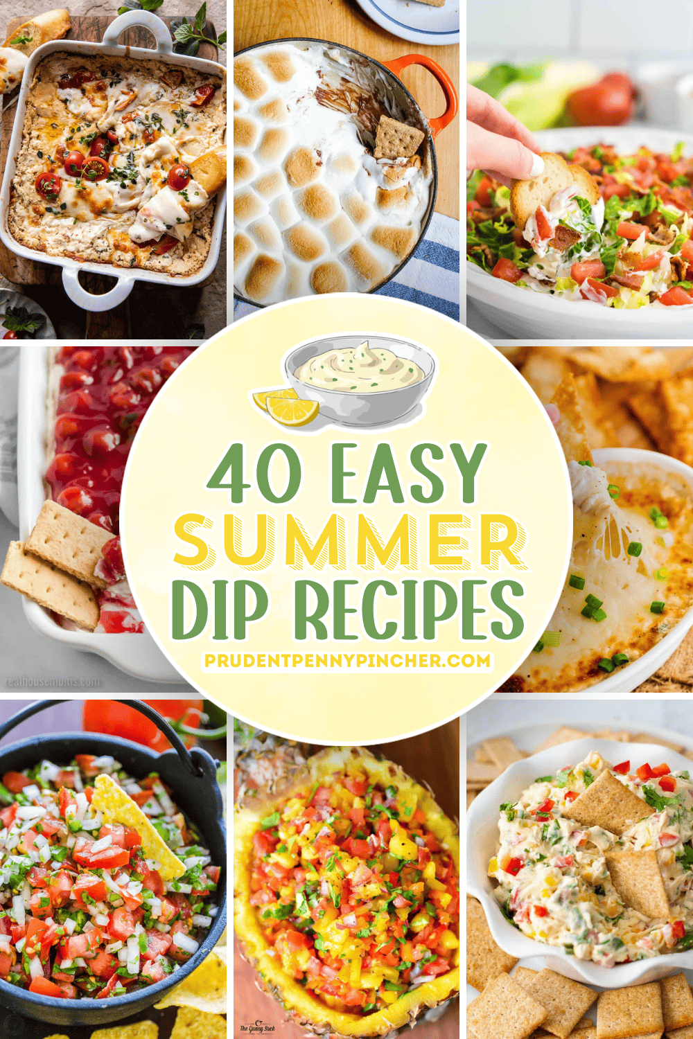 A collage of easy summer dip recipes including baked cheese dip, s’mores dip, BLT dip, cherry cheesecake dip, hot crab dip, pico de gallo, pineapple salsa, and creamy corn dip.