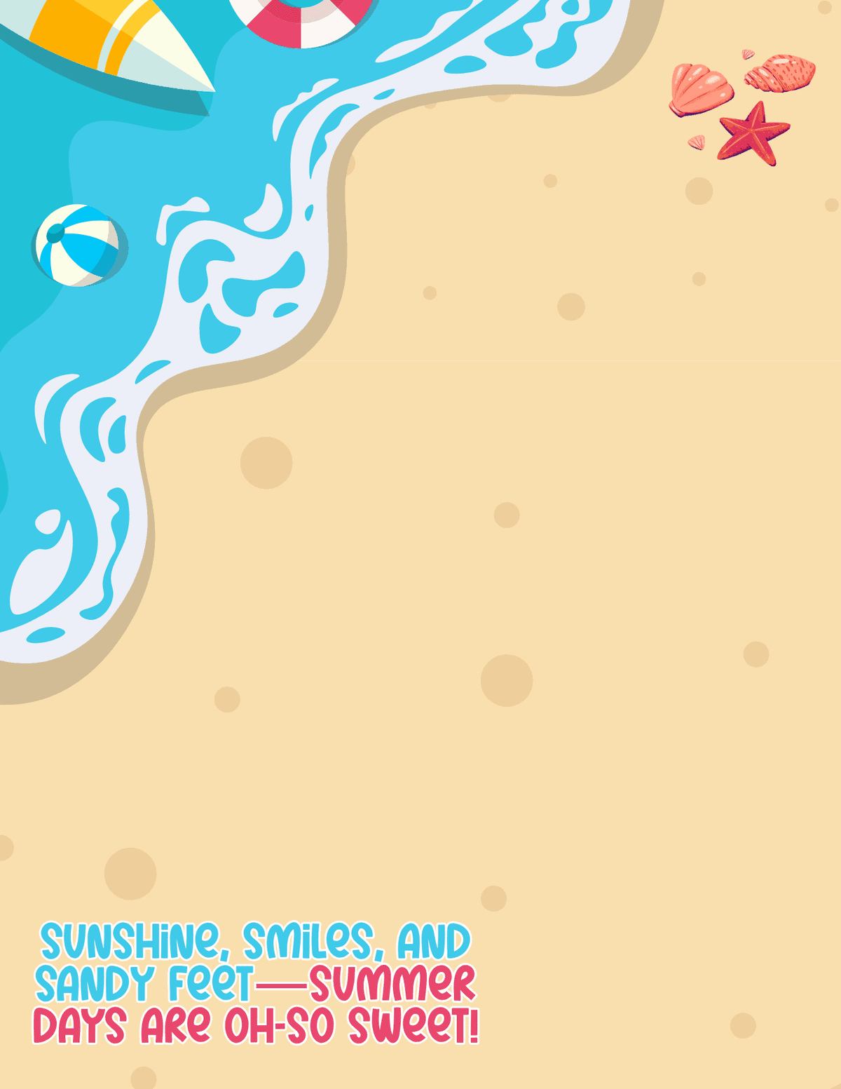 Free printable summer footprint craft template with beach waves, seashells, and a sandy background