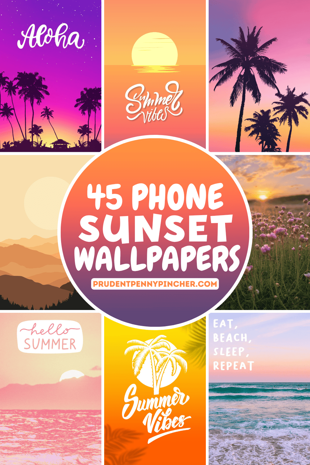 A collage of sunset wallpapers for phones featuring pink, purple, and orange skies, palm trees, ocean beach scenes, mountain landscapes, and summer quote designs.