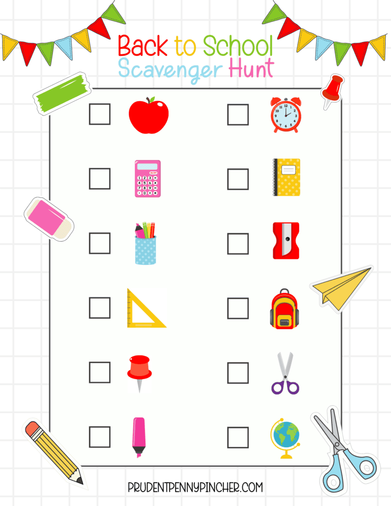 free printable back to school scavenger hunt checklist with school supply pictures and checkboxes
