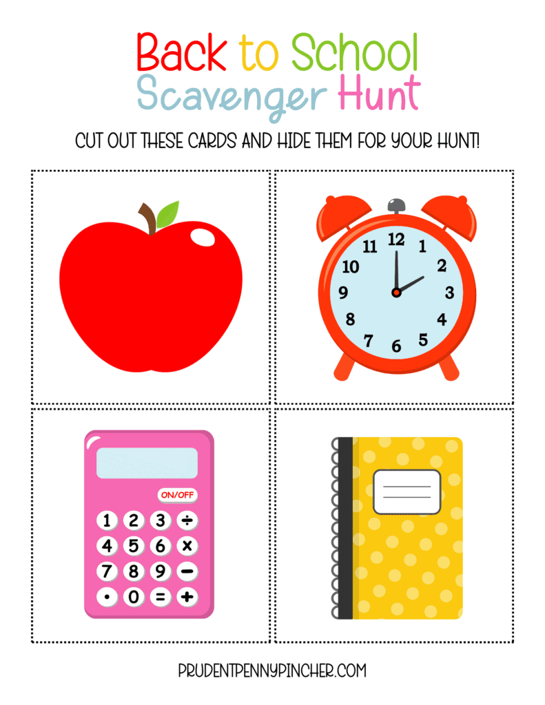 scavenger hunt cards featuring an apple, alarm clock, calculator, and notebook