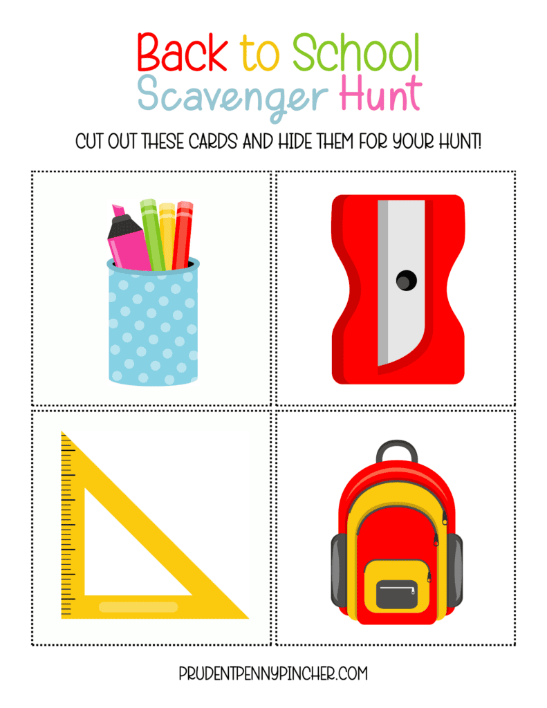 cards with markers, pencil sharpener, ruler, and backpack