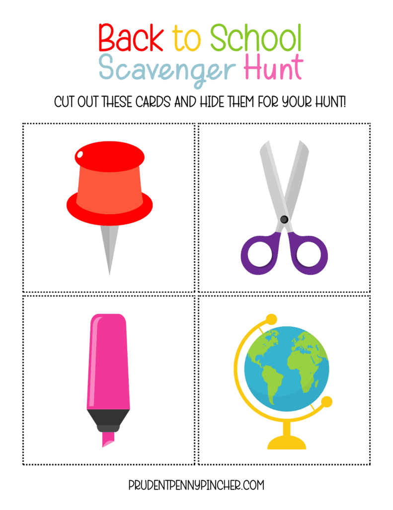 cards featuring a push pin, scissors, highlighter, and globe