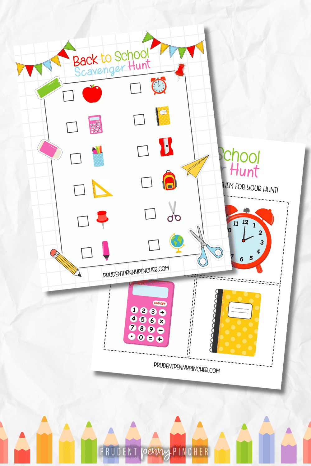 printable with school supply cards, colored pencil border and a paper background