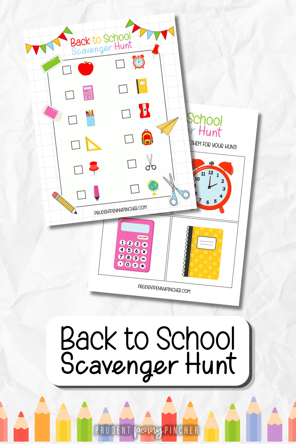 back to school scavenger hunt printable with school supply cards, colorful pencils.