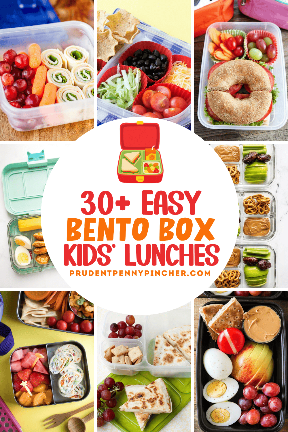 A collage of easy bento box lunches for kids featuring pinwheels, taco toppings, a bagel sandwich, quesadillas, fruit, vegetables, eggs, crackers, and dips.