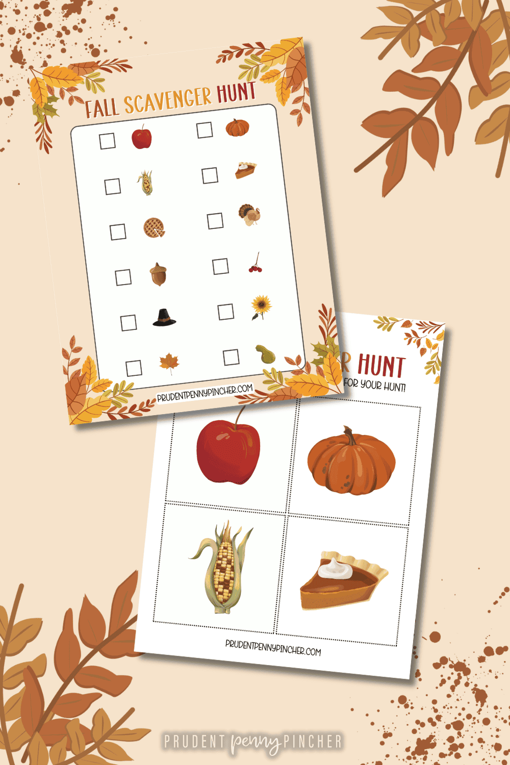 scavenger hunt for kids with autumn leaves, a checklist page, and cut-out picture cards featuring a pumpkin, corn, and pumpkin pie