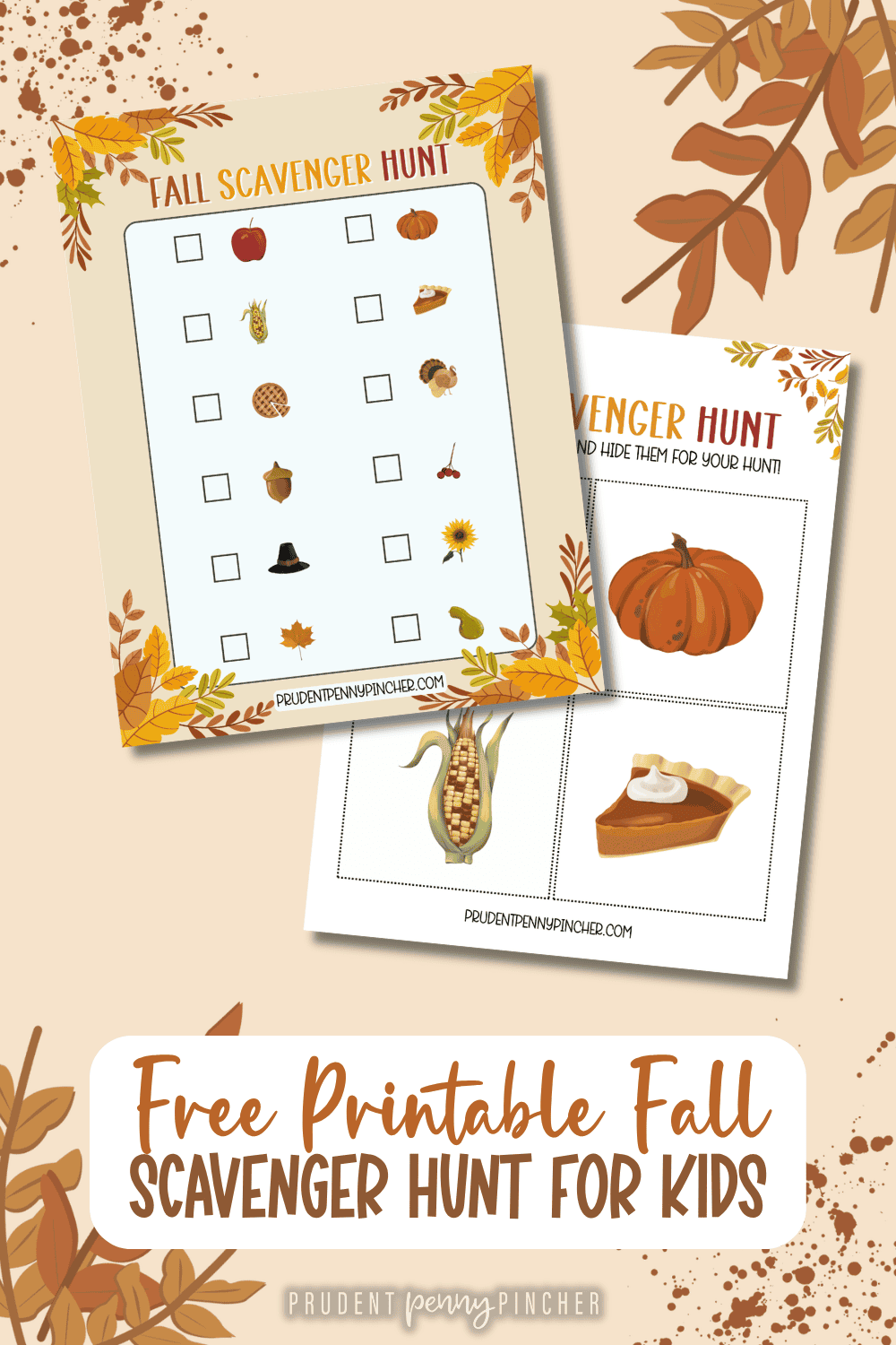 free printable fall scavenger hunt for kids on an autumn leaves background.