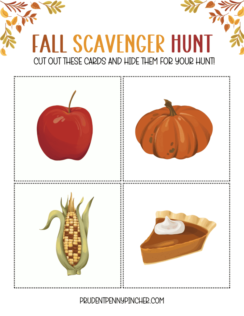 cut-out cards with an apple, pumpkin, corn, and pumpkin pie slice