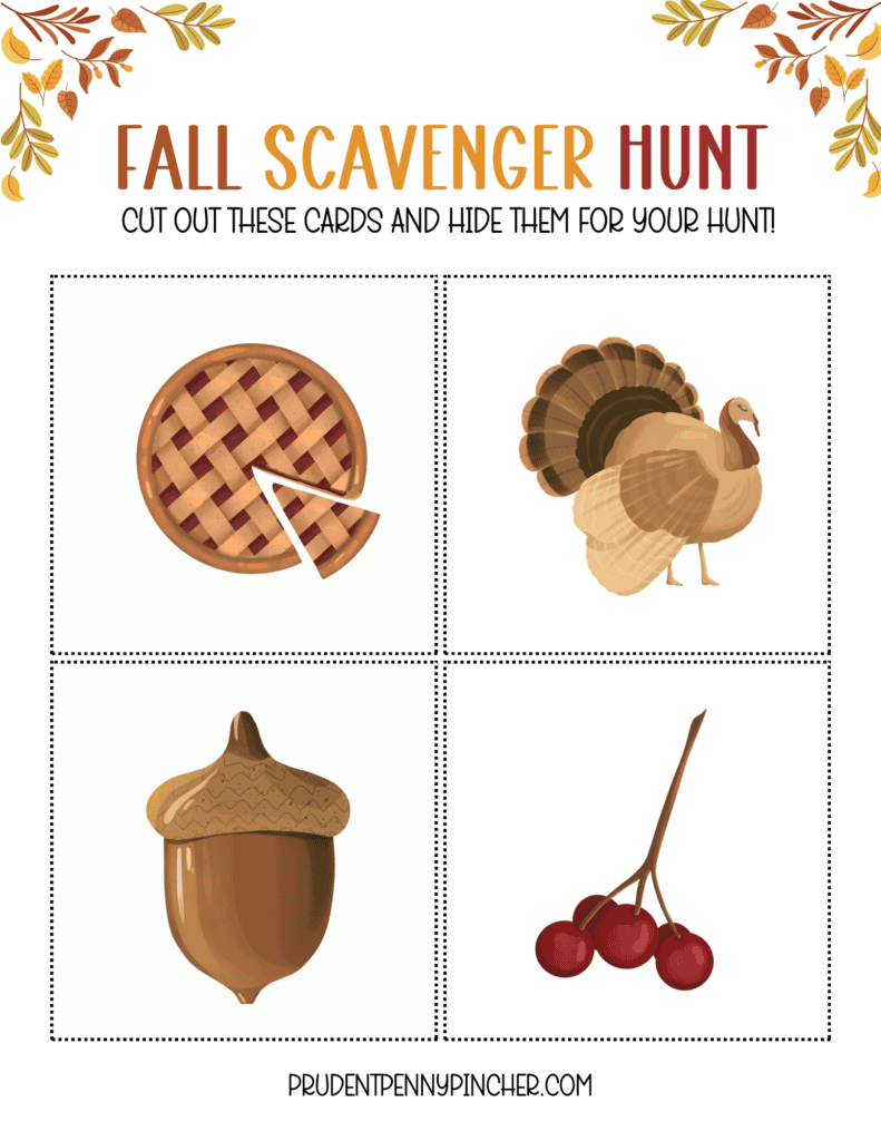 cards with a pie, turkey, acorn, and berries for a Thanksgiving or autumn activity for kids