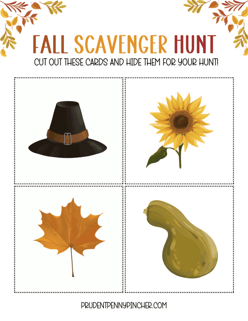 fall scavenger hunt cut-out cards featuring a pilgrim hat, sunflower, fall leaf, and gourd