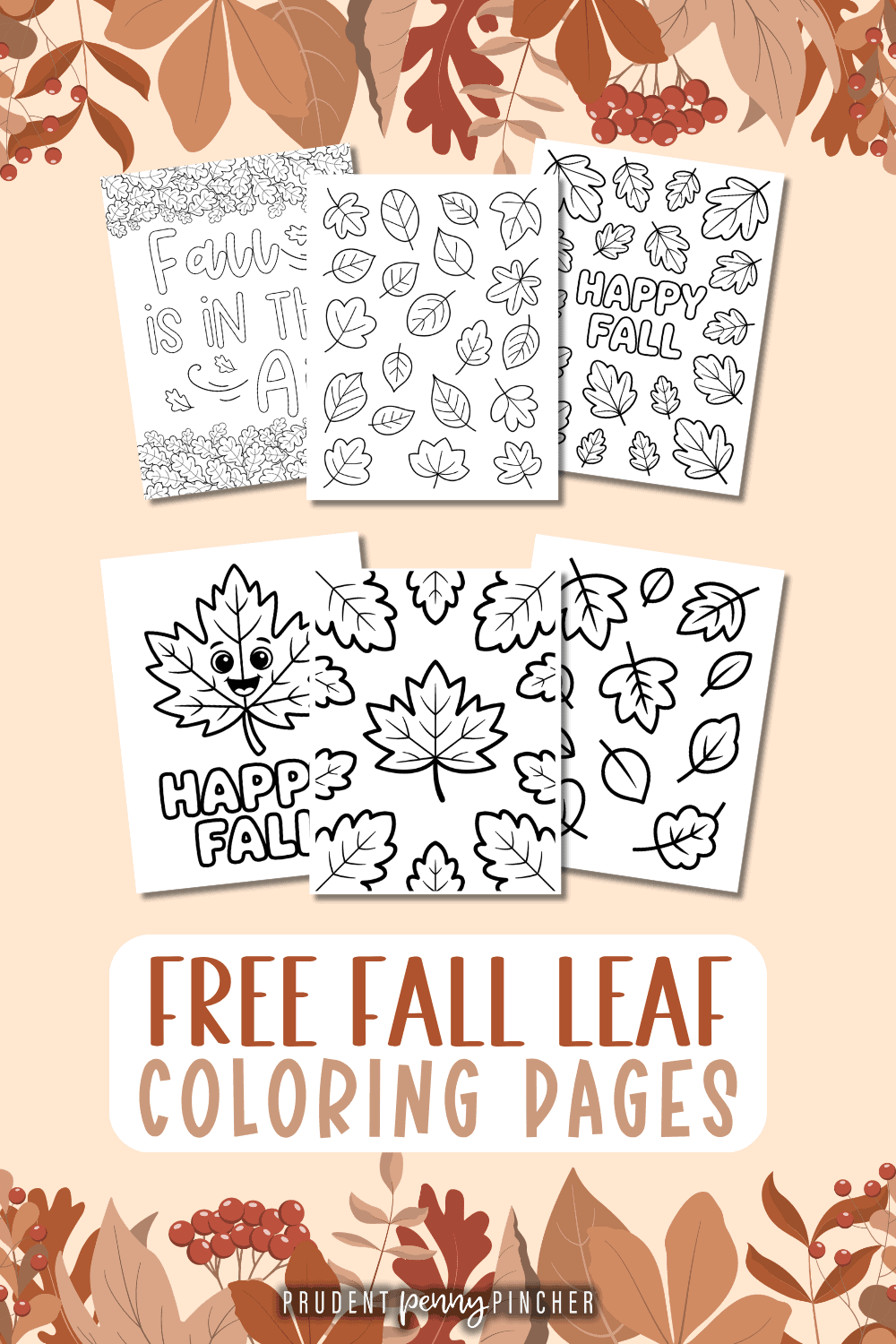 Pages of free fall leaf coloring pages with assorted autumn leaves and seasonal sayings.
