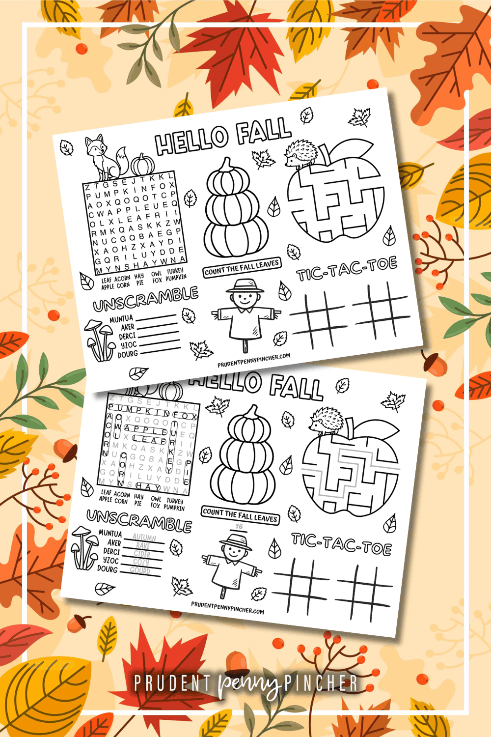 placemat with a word search, word scramble, apple maze, tic-tac-toe, coloring areas.